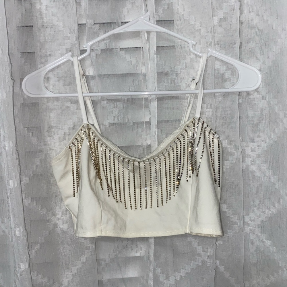 White Rhinestone Crop Top